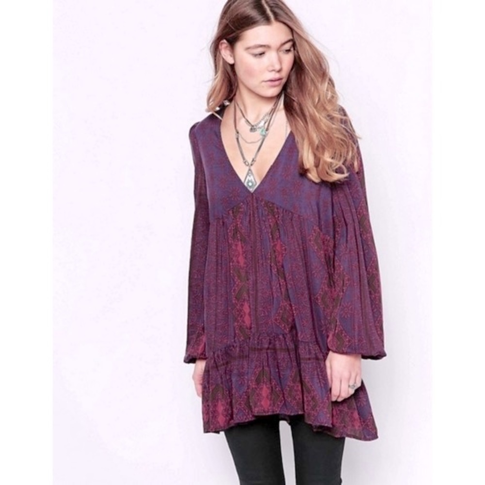 Free People Boho Purple Peasant Tunic Deep V